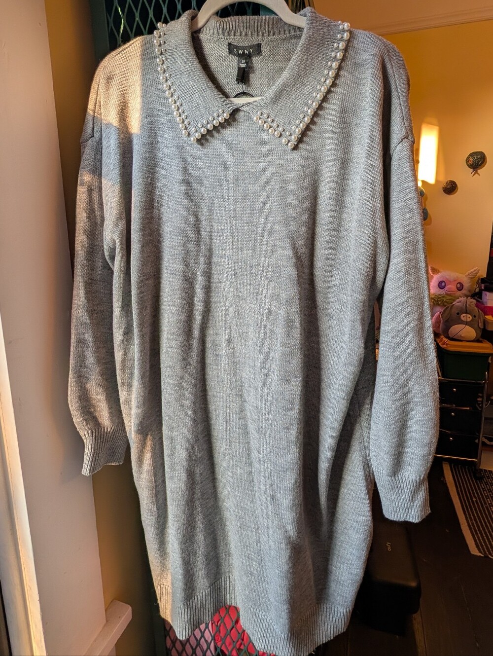 Pearl Collar Grey Sweater Dress